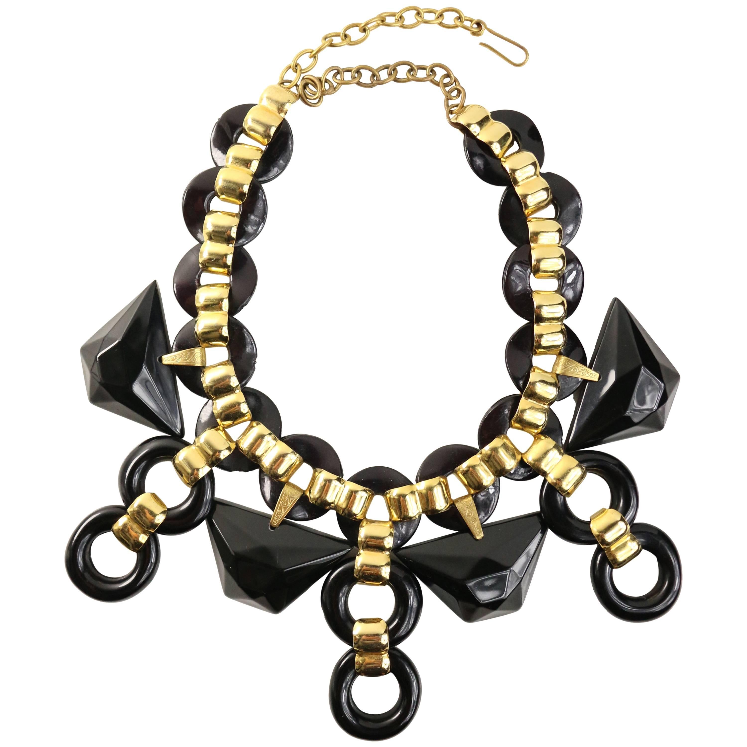 Les Elise Paris, collier à maillons vintage en or et noir avec chaîne, années 90