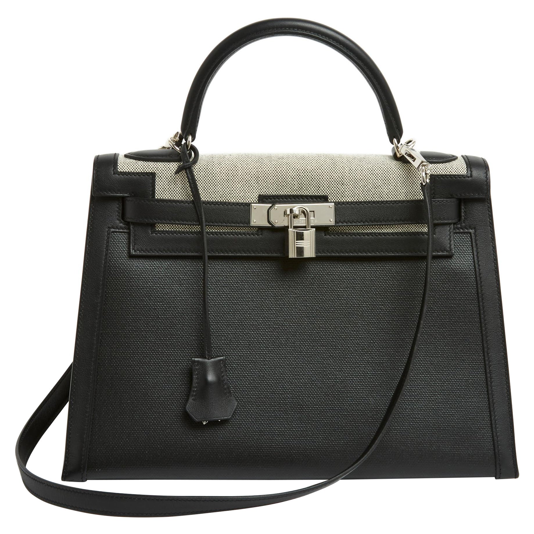 Hermes Bag Kelly II sellier 32 Black Leather Canvas New in box For Sale