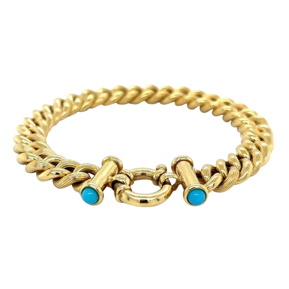 Vintage Gold Link Cabochon Turquoise Toggle Clasp Bracelet For Sale