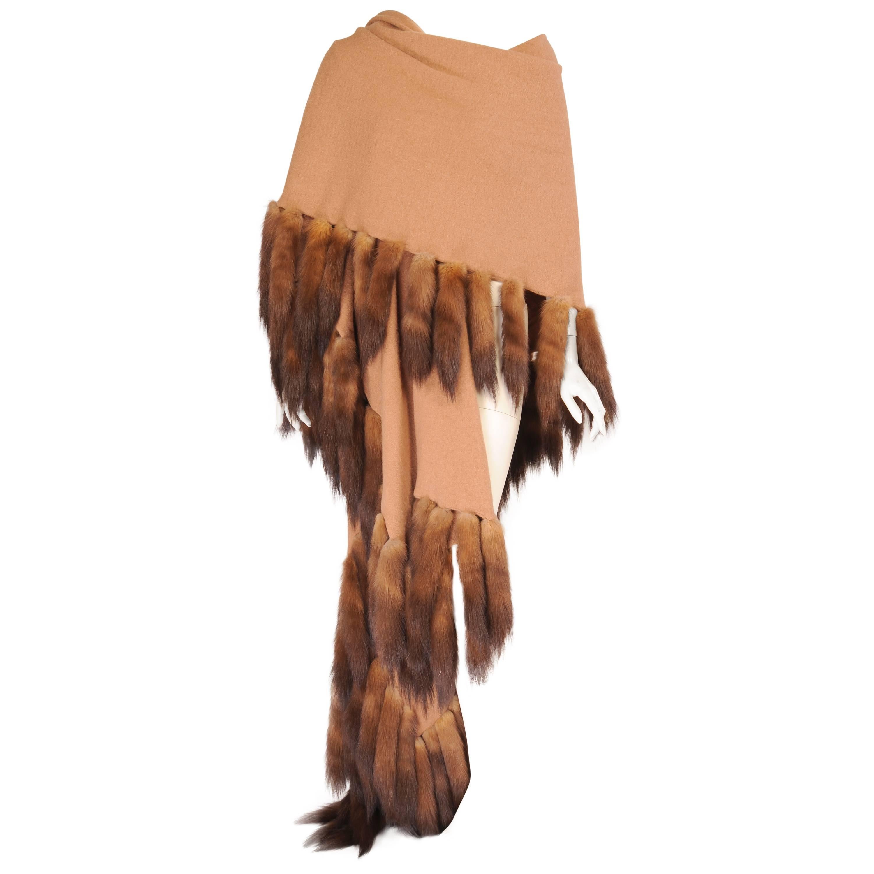 Adrienne Landau Over Sized Camel Cashmere Wrap with Sable Tails