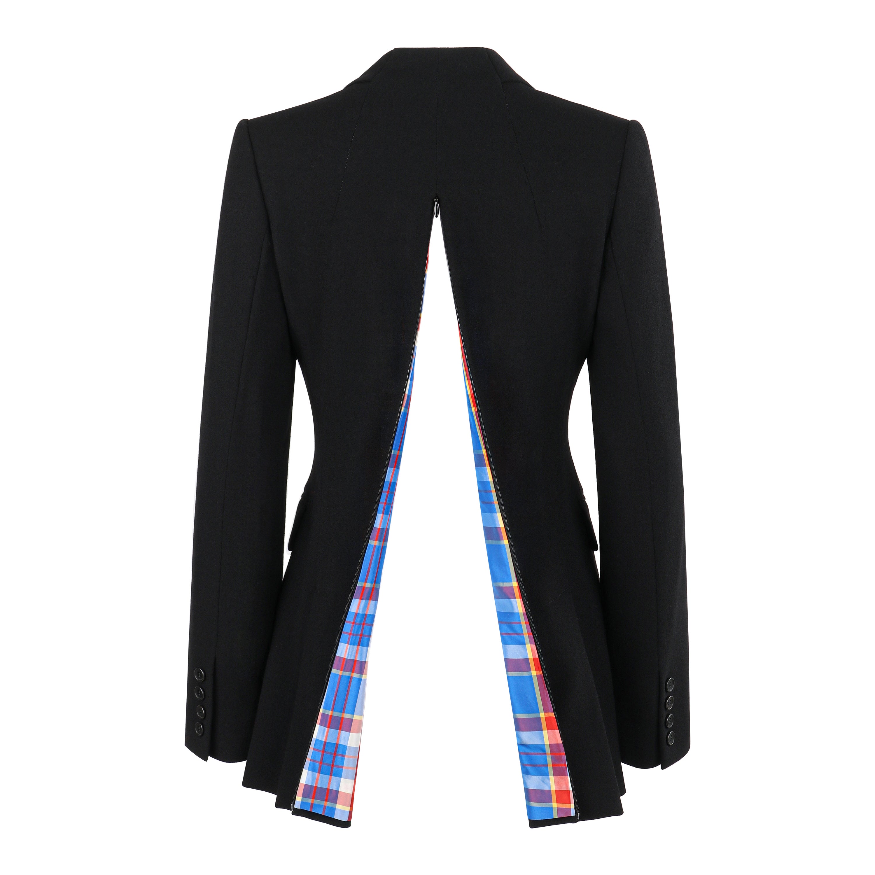 OWEN GASTER c.1990's Vtg Black Wool Structured Zip Open Back Blazer Jacket RARE For Sale