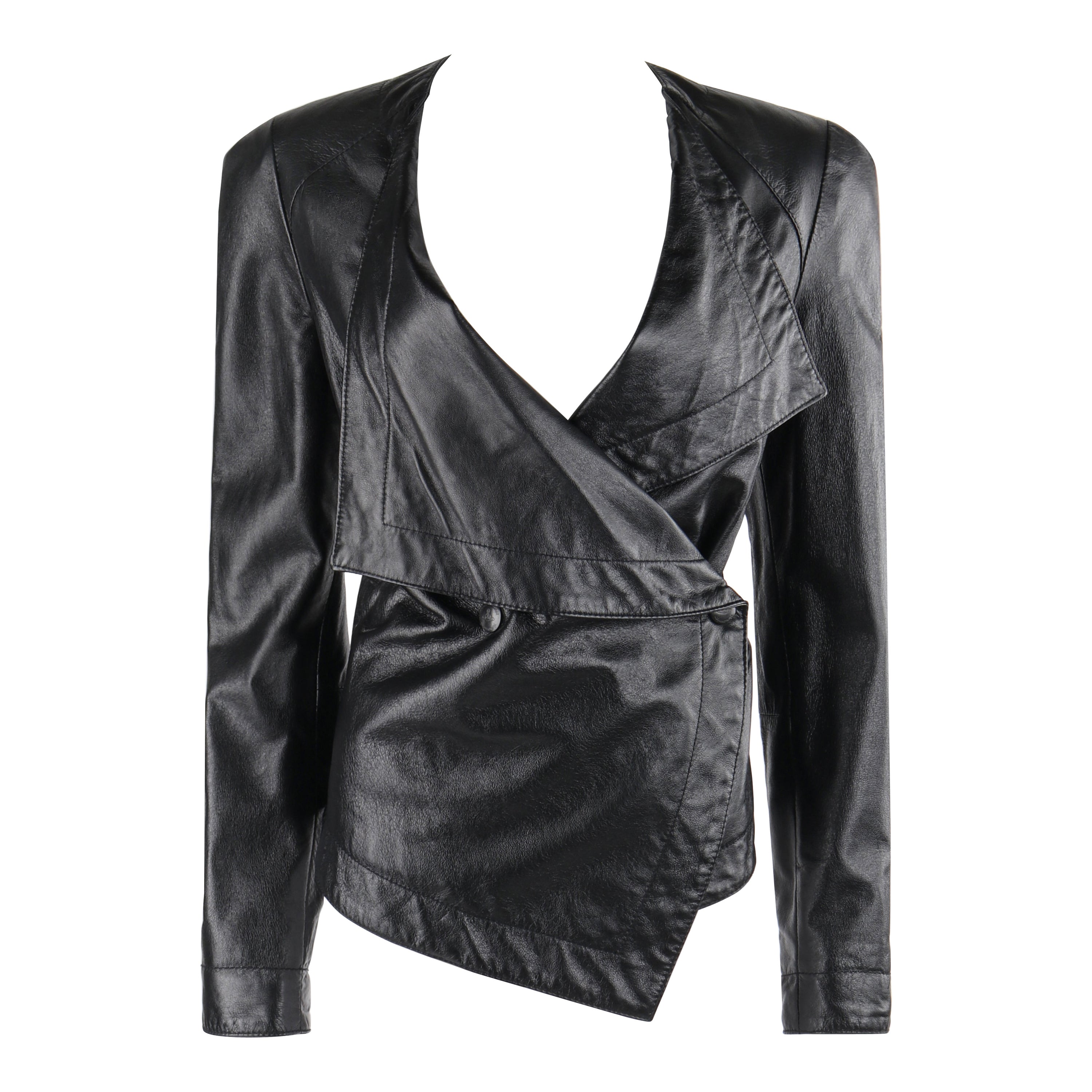 VIVIENNE WESTWOOD "Anglomania" c.1990's Black Leather Asymmetrical Wrap Jacket For Sale