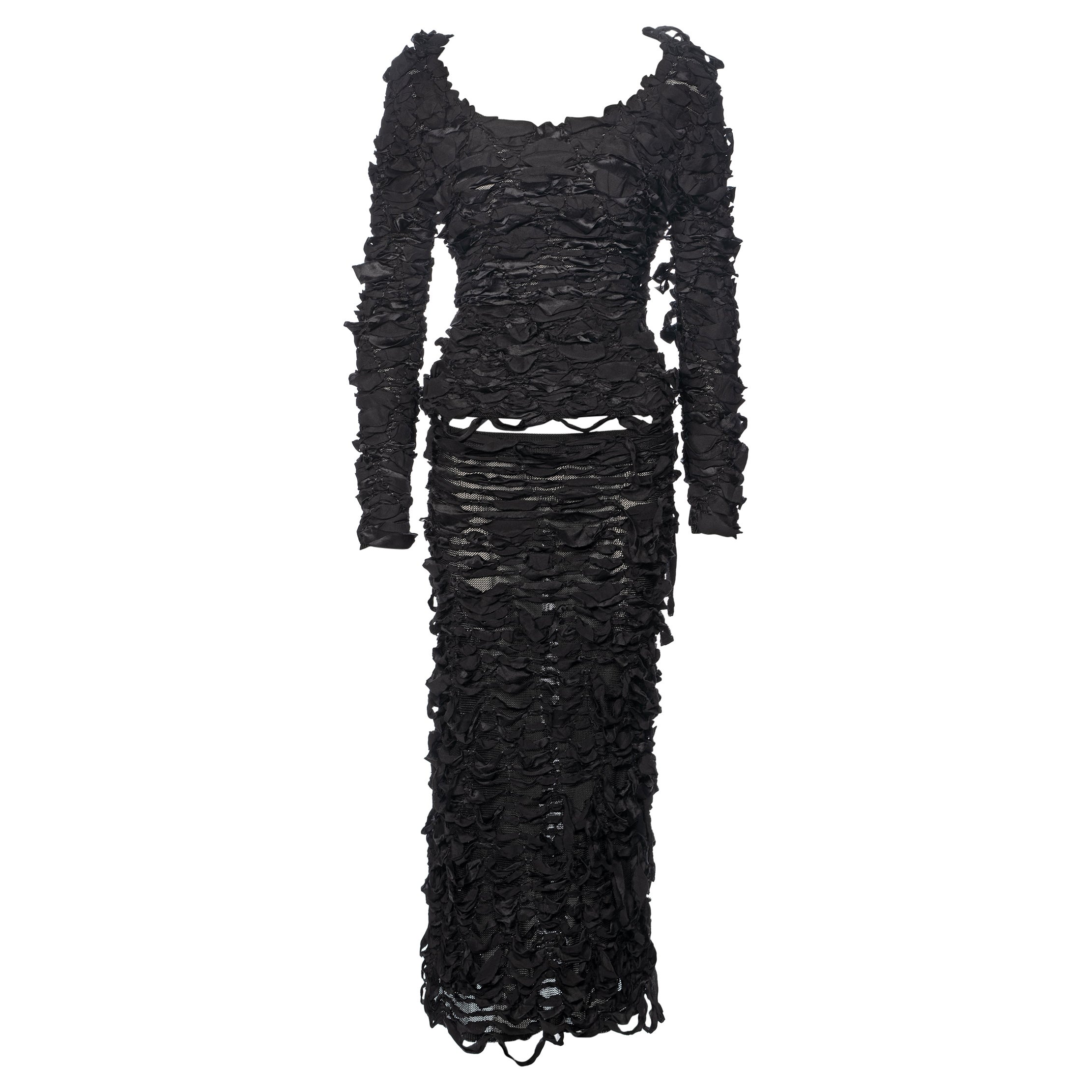 Yves Saint Laurent by Tom Ford black shredded silk ribbon top and skirt, fw 2001 For Sale