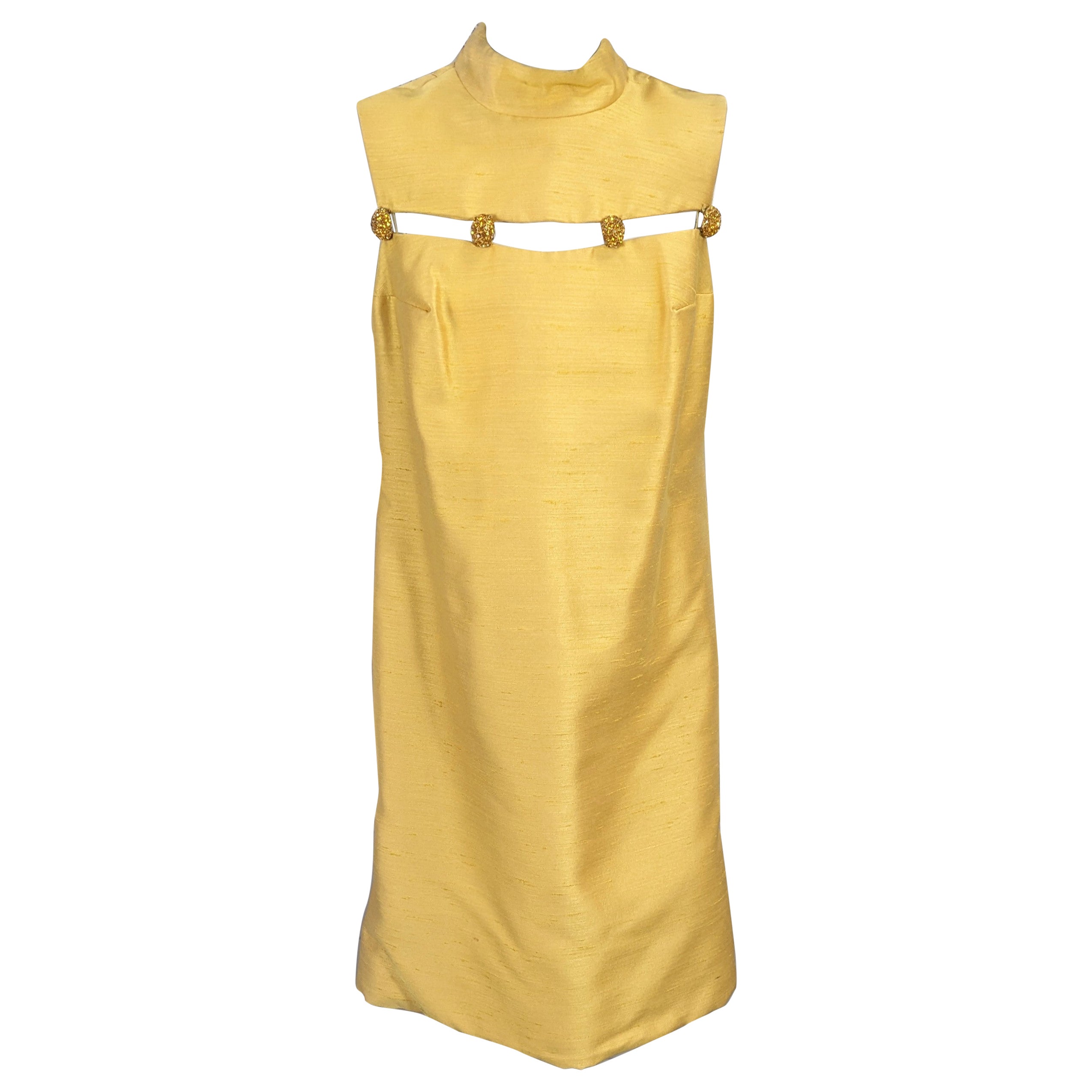 Jeweled Raw Silk Gold Mini Dress For Sale