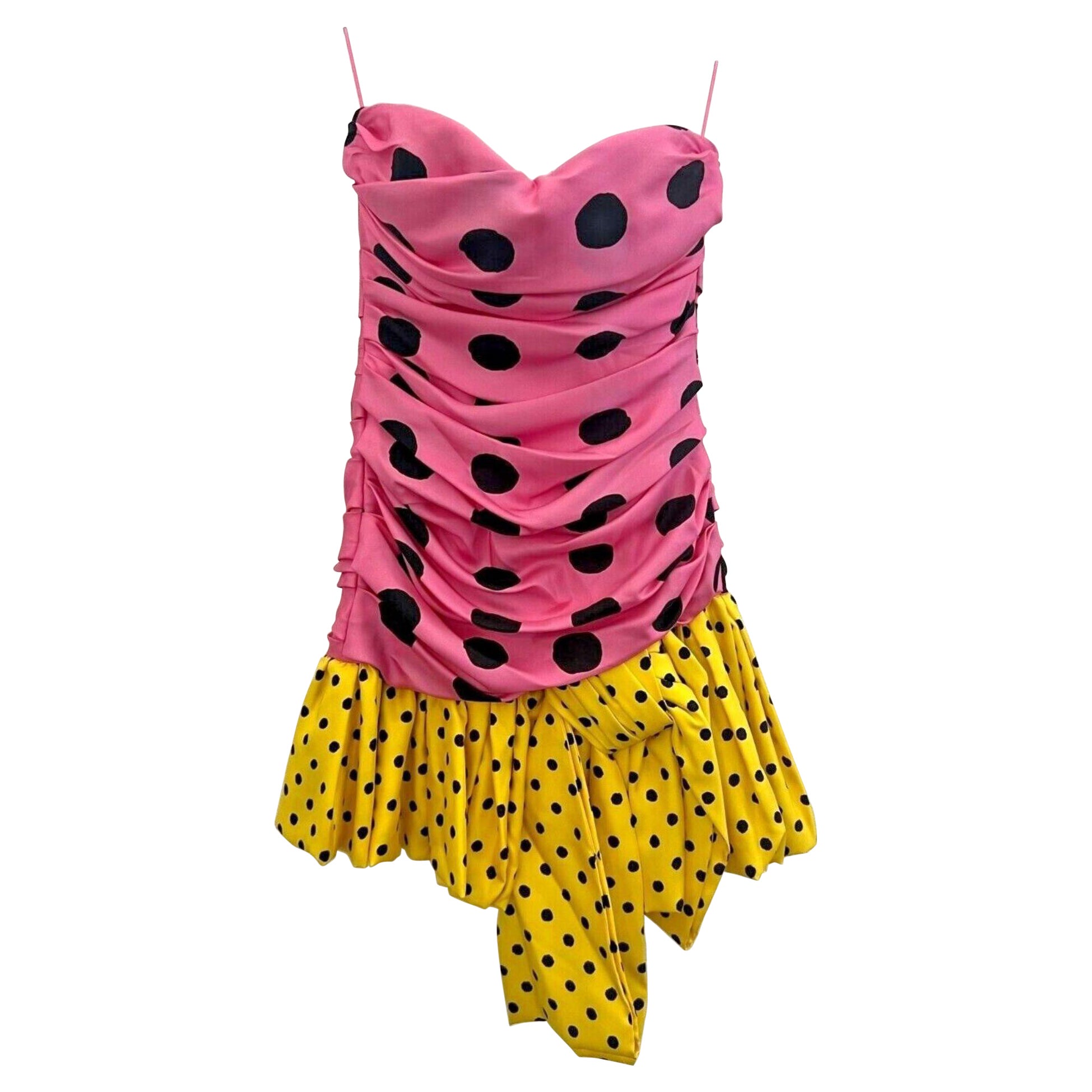 SS21 Moschino Couture Pink Yellow Strapless Polka Dot Mini Dress by Jeremy Scott For Sale