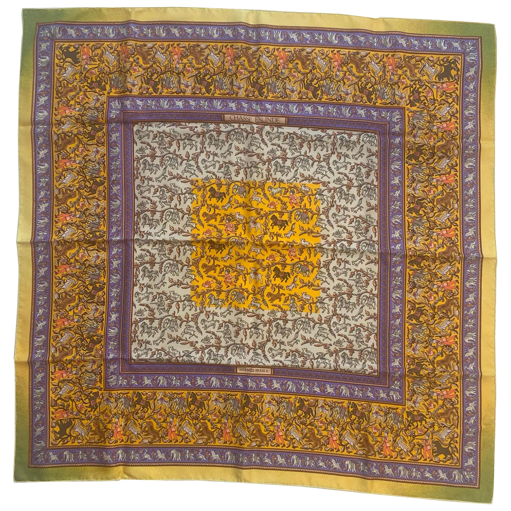 Hermes Chasse en Inde Silk Twill Scarf Designed by Michele Duchene 35" X 35" For Sale