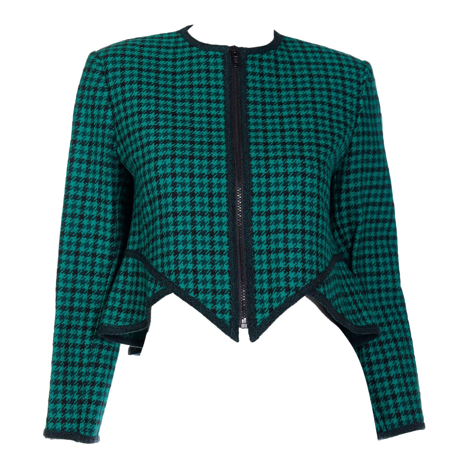 Geoffrey Beene Vintage 1980s Green Houndstooth Wool Cropped Jacket For Sale