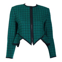 Geoffrey Beene Vintage 1980s Green Houndstooth Wool Cropped Jacket