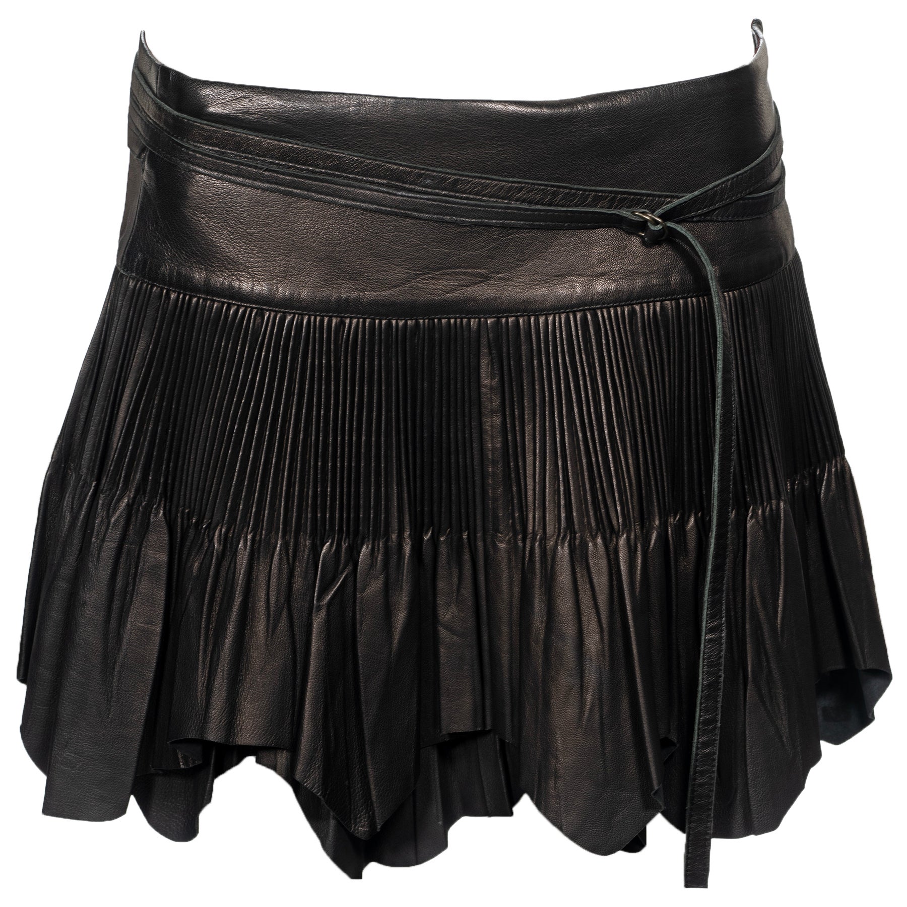 Jean Paul Gaultier Black Raw-Edge Pleated Leather Mini Wrap Skirt, fw 2003 For Sale