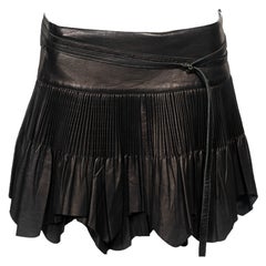 Jean Paul Gaultier Black Raw-Edge Pleated Leather Mini Wrap Skirt, fw 2003