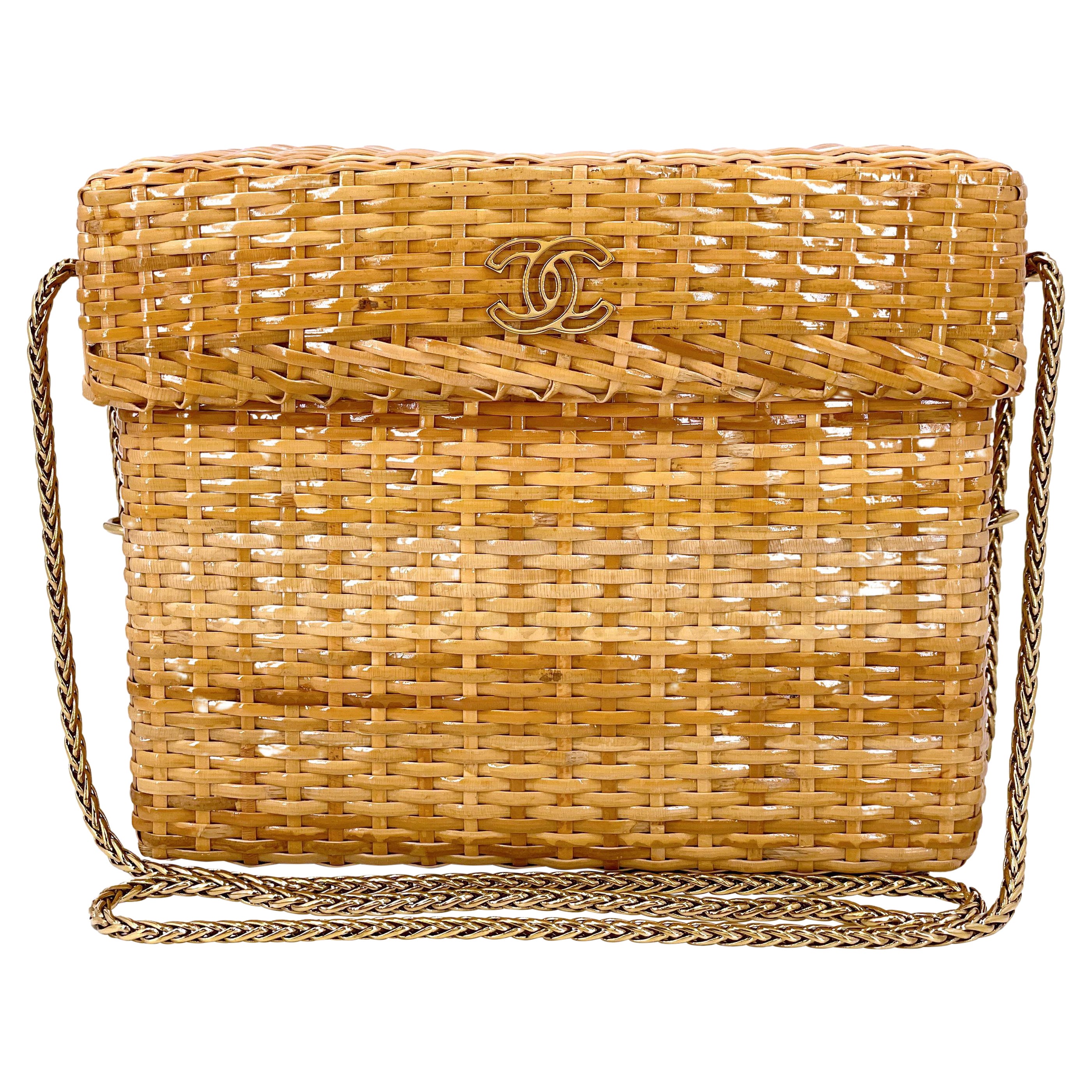 Chanel Vintage Wicker Mini Picnic Basket Rattan Bag w Chain 67399 For Sale