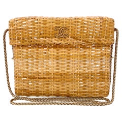 Chanel Used Wicker Mini Picnic Basket Rattan Bag w Chain 67399