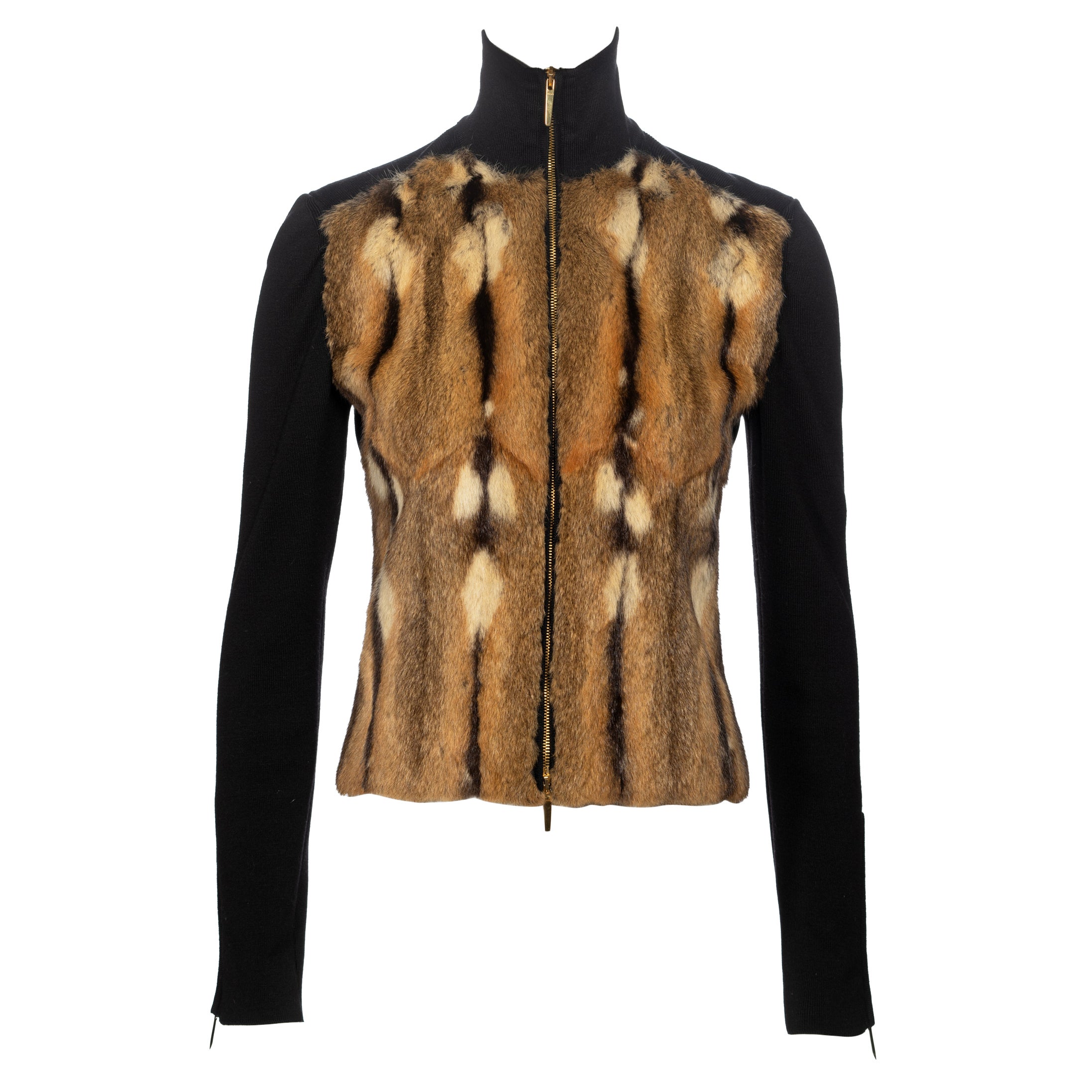 Gucci by Tom Ford Zip-Front Rib Knit and Fur Cardigan, fw 2000 For Sale