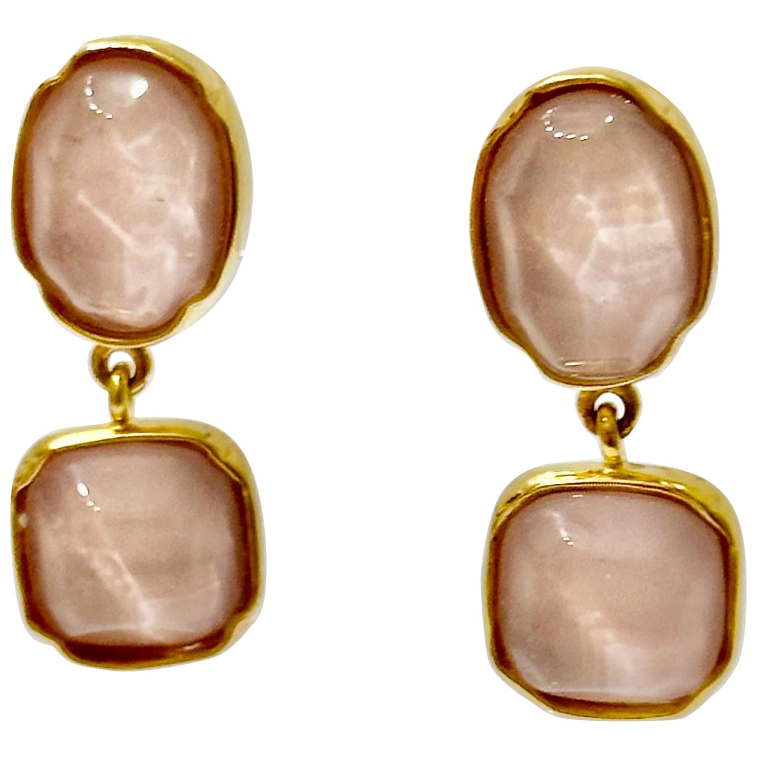 Goossens Paris Blush Pink Rock Crystal Cabochon Clip Earrings For Sale