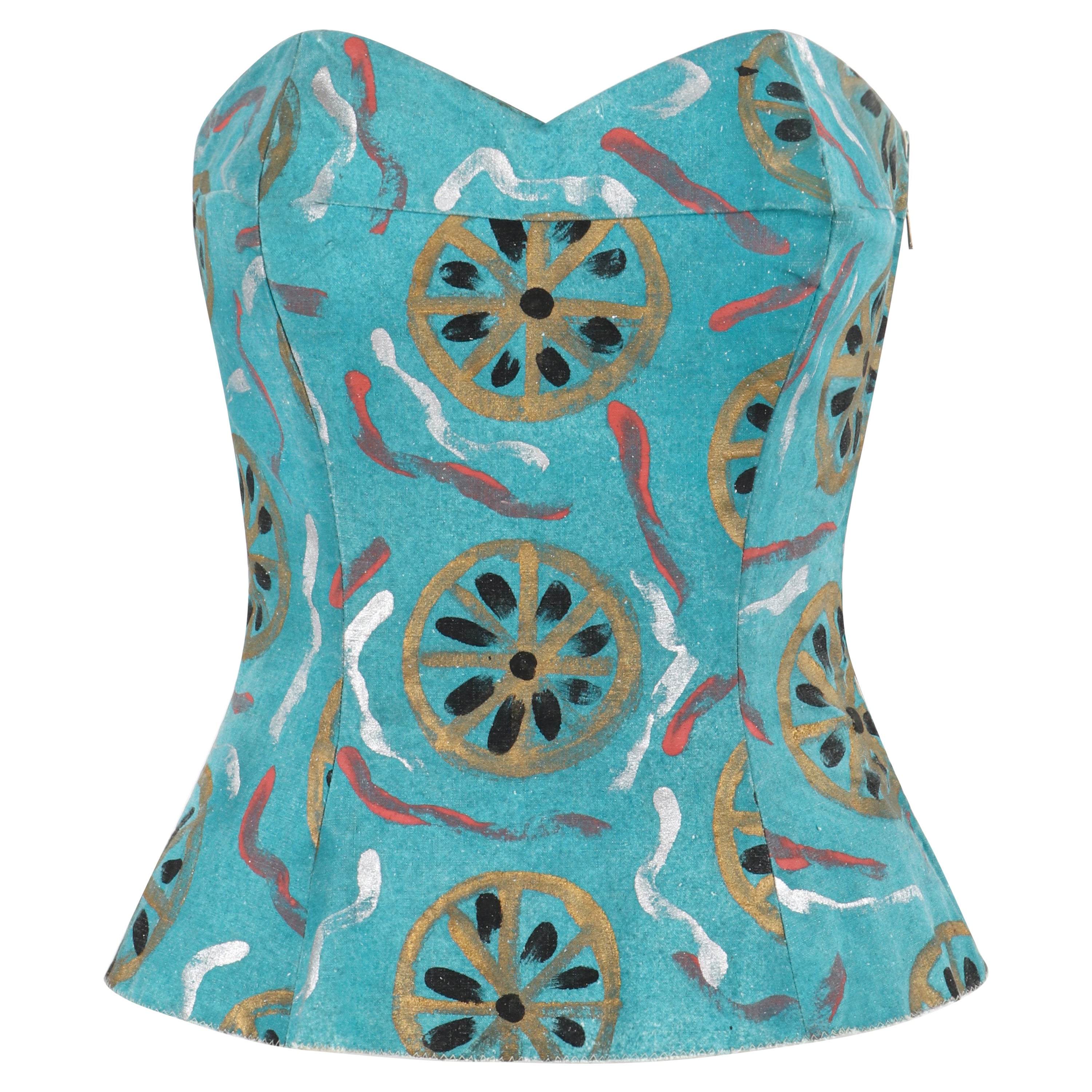 EMILIO PUCCI c.1954 Vtg Teal Cotton Fitted Hand Painted Bustier Sun Top RARE For Sale