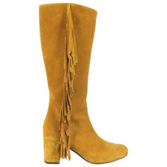 SAINT LAURENT Boots Size 8.5 Tan Suede Fringe Knee High Shoes Heels