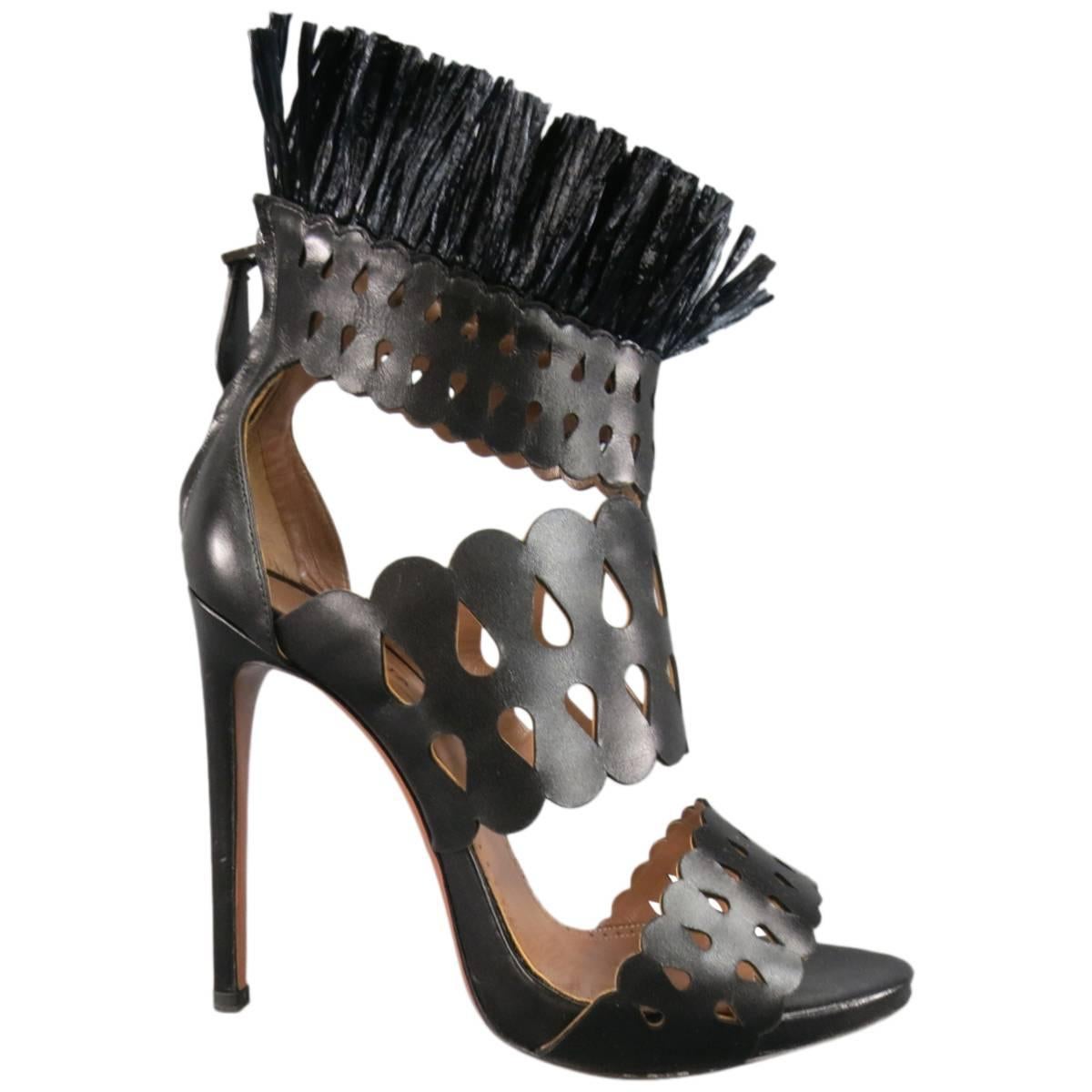 ALAIA Size 8.5 Black Cutout Leather Fringe Ankle Sandals