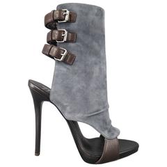 GIUSEPPE ZANOTTI Size 8.5 Gray Suede Brown Leather Buckle Straps Peep Toe Boots 9