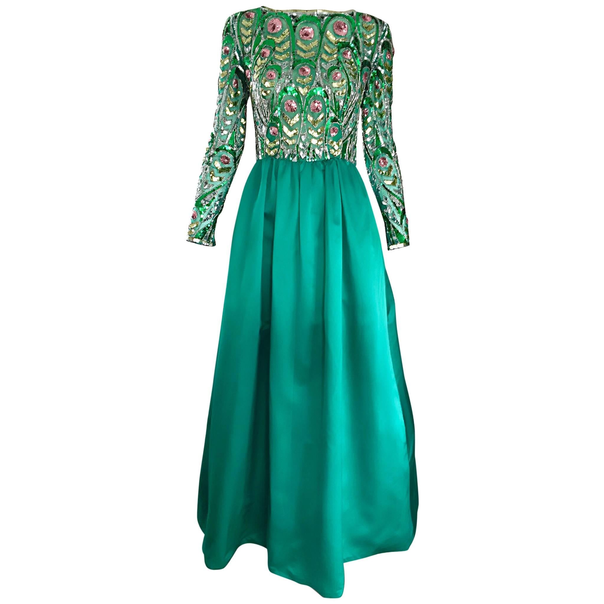 Victoria Royal 1960s Kelly Green Silk Satin Sequined + Beaded Vintage Gown Dress For Sale