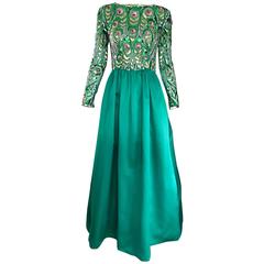 1960s Victoria Royal Kelly Green Silk Satin Sequined + Beaded Vintage Gown Dress