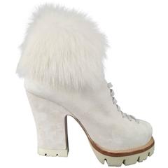 PRADA Size 8.5 Off White Suede Lace Up Fur Platform Ankle Boots