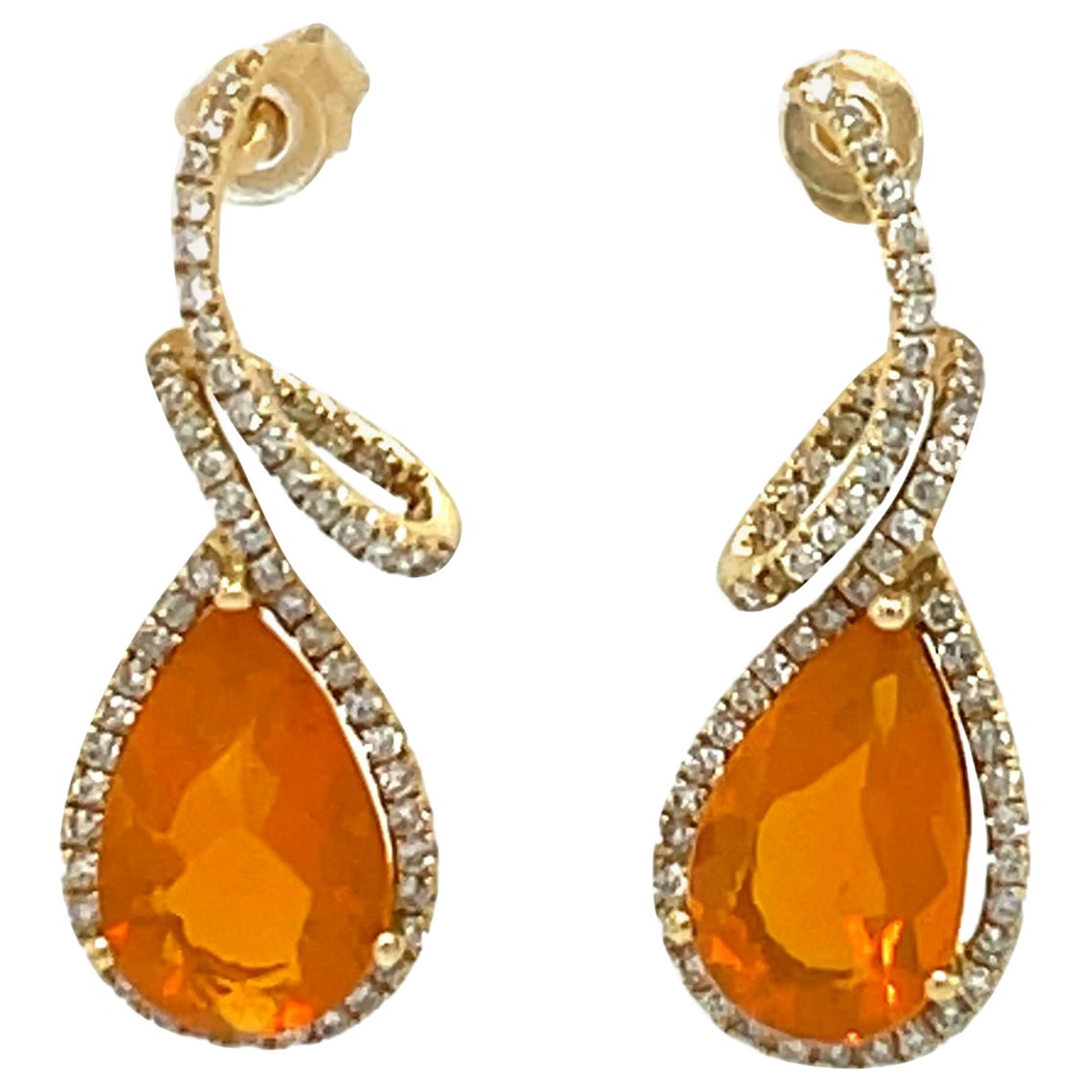14x8mm Teardrop Fire Opal Earrings in 14K yellow gold For Sale