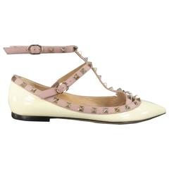 VALENTINO Size 9 Cream Patent Leather Mauve Studded T-strap Rockstud Flats