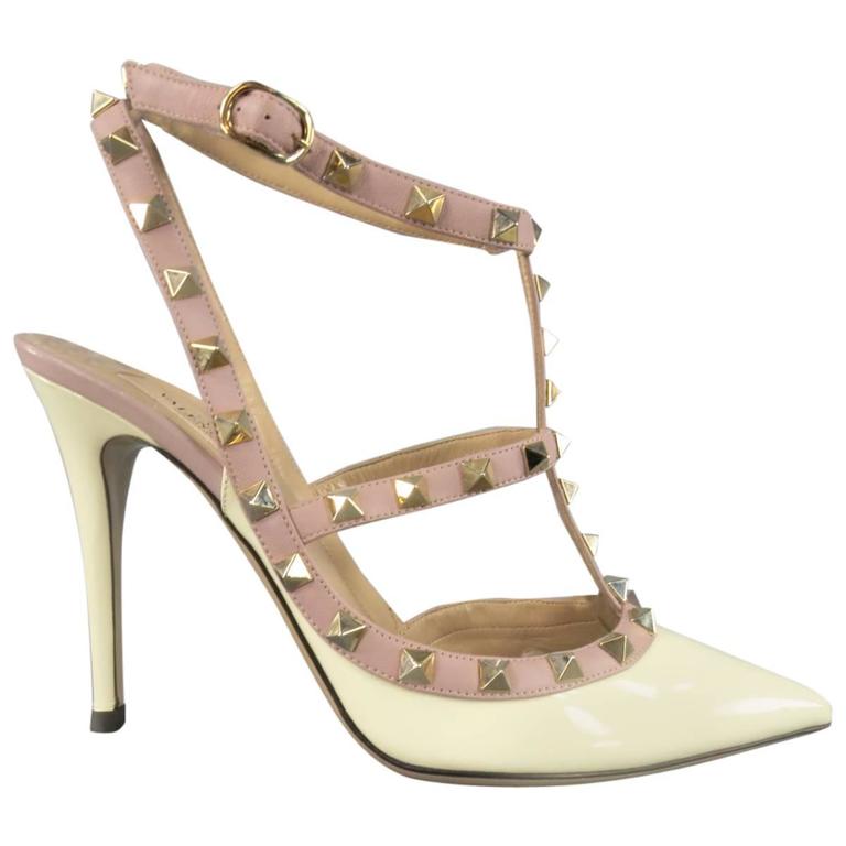 VALENTINO Size 9 Cream Patent Leather Mauve Studded T Strap Rockstud ...