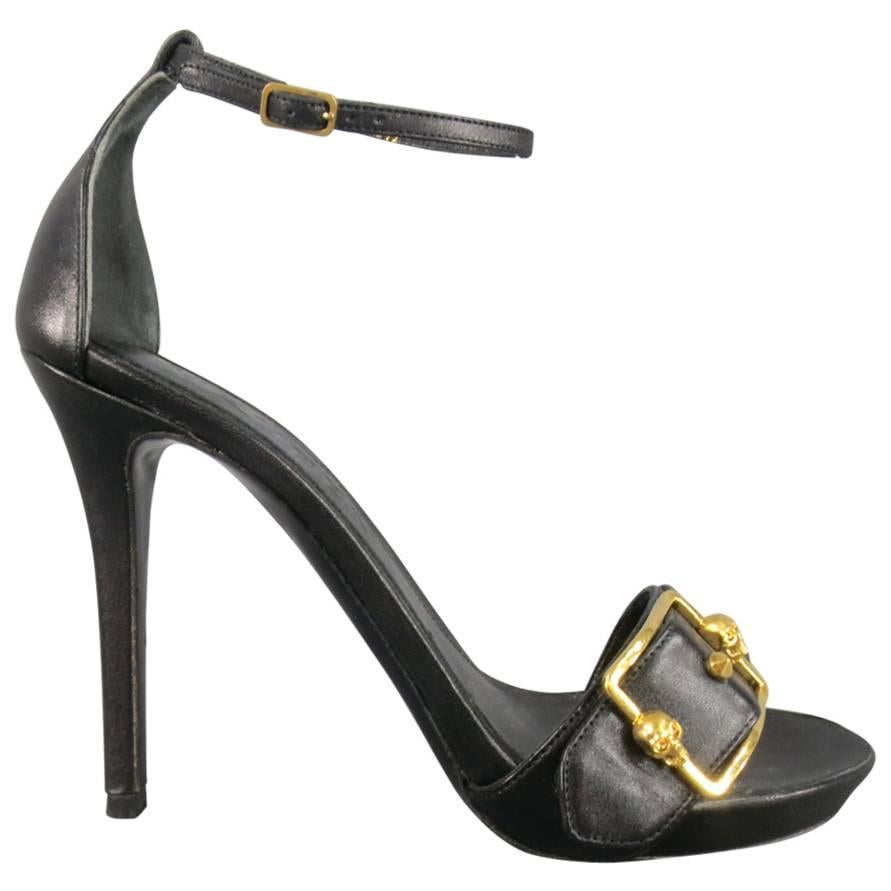 ALEXANDER MCQUEEN Size 8.5 Black Leather Gold Skull Buckle Ankle Strap Sandals