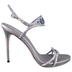 RENE CAOVILLA Size 8.5 Metallic Blue Leather Swarovski Crystal Evening Sandals