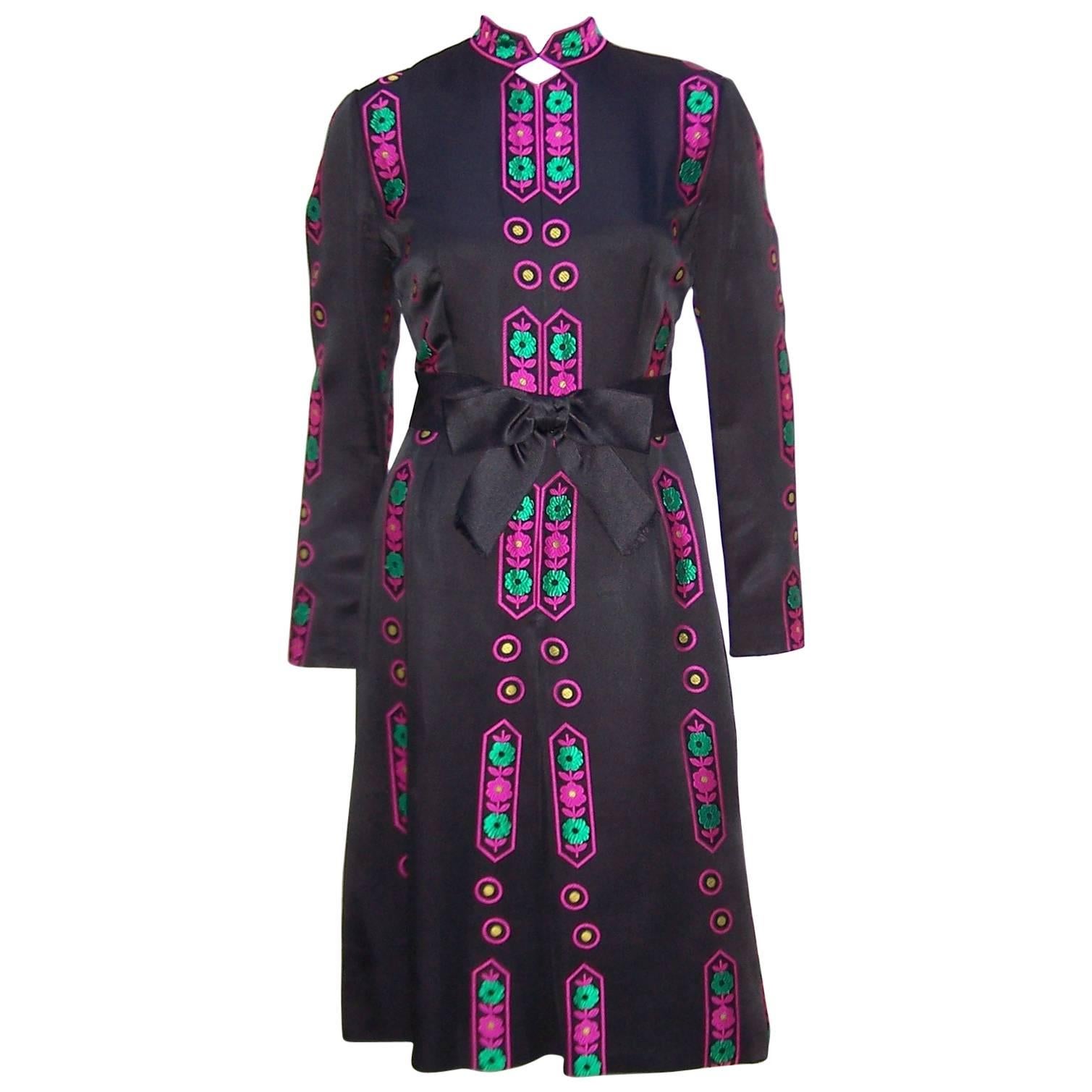 Vibrant 1970's Adele Simpson Asian Inspired Black Satin Dress