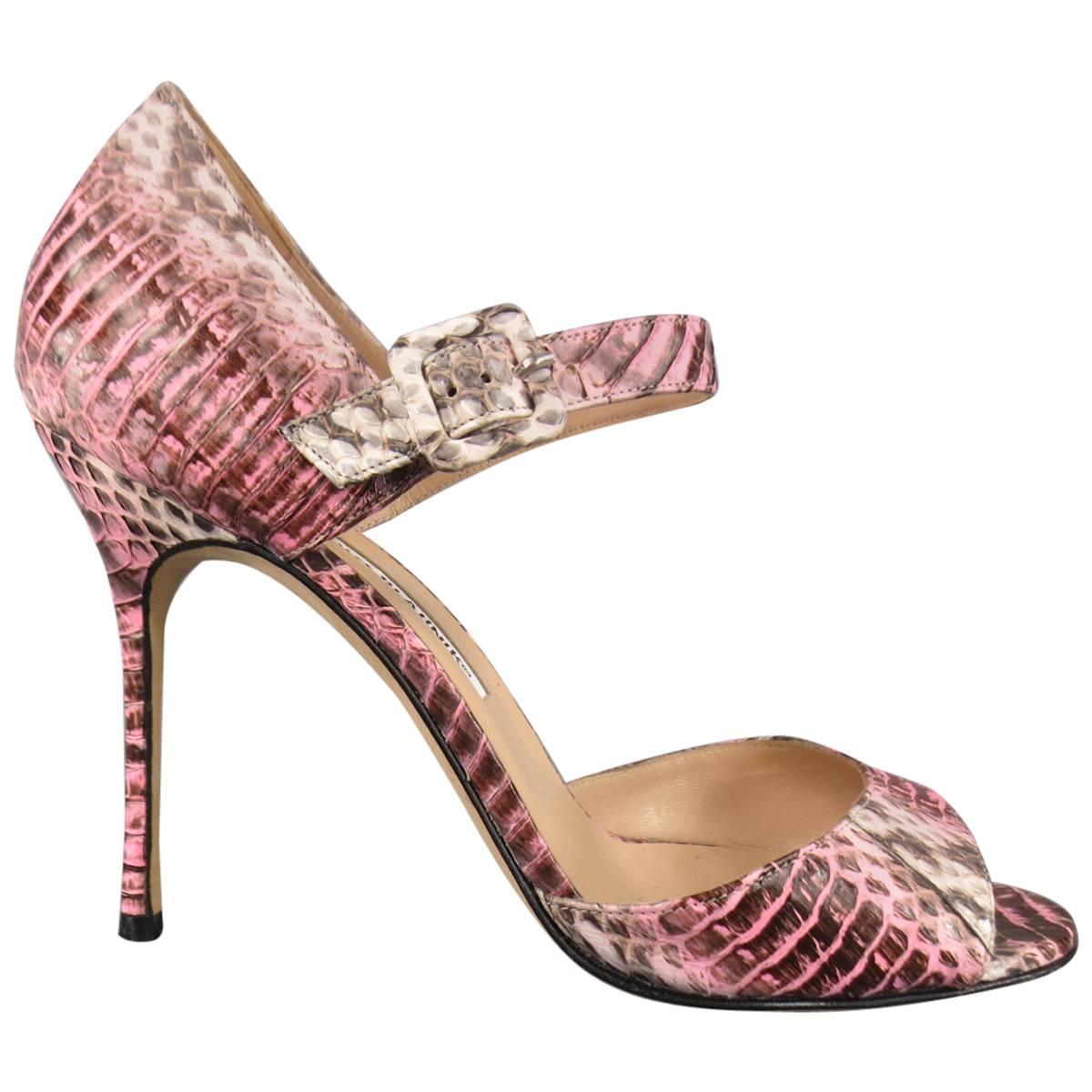 MANOLO BLAHNIK Size 8.5 Pink Snakeskin Mary Jane Peep Toe Caldo Sandals