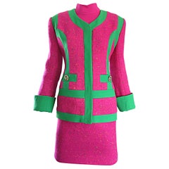 1990s Gemma Kahng Rare Vintage 3 Piece 90s Skirt Suit In Hot Pink and Green