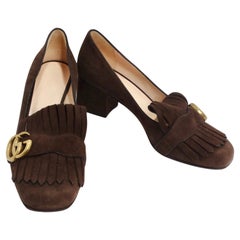 Gucci Marmont Mid-Heel Fringe Pumps in Brown Suede