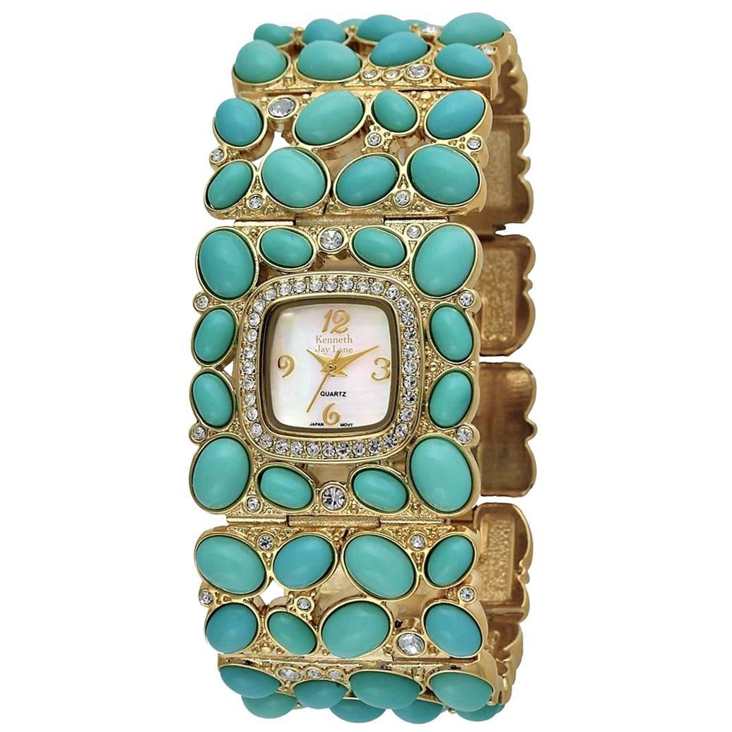 New Kenneth Jay Lane Turquoise Link Swarovski Crystal quartz Wristwatch   For Sale