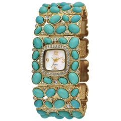 New Kenneth Jay Lane Turquoise Link Swarovski Crystal quartz Wristwatch