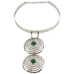 Mid Century Space Age Chrome & Green Cabochon Dog Collar Necklace 2