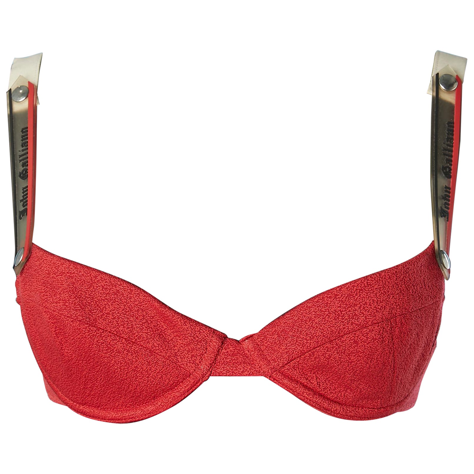 Red chiné lycra bra with branded plastic shoulder straps John Galliano 