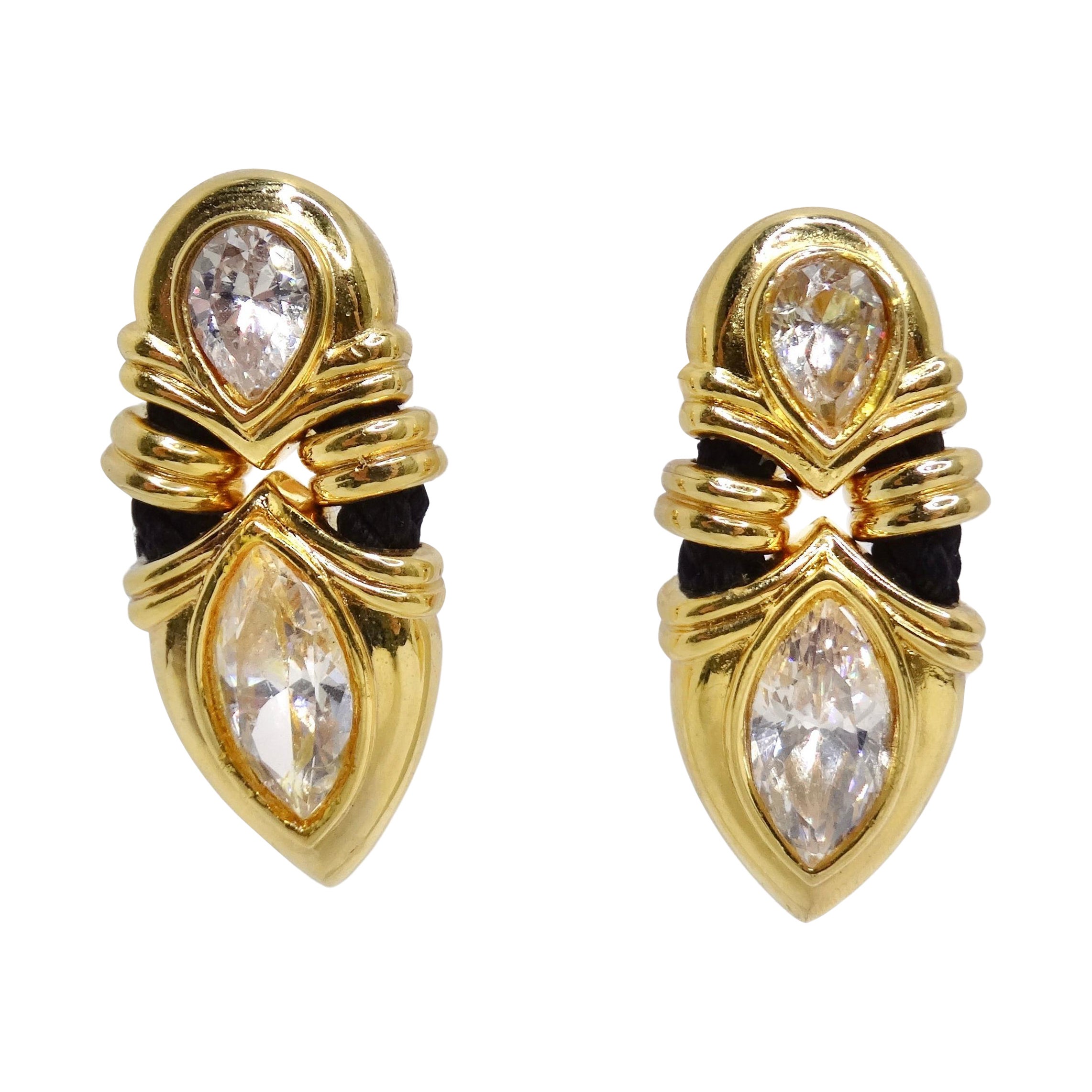 18K Gold Plated Rhinestone 1970s Clip On Earrings For Sale