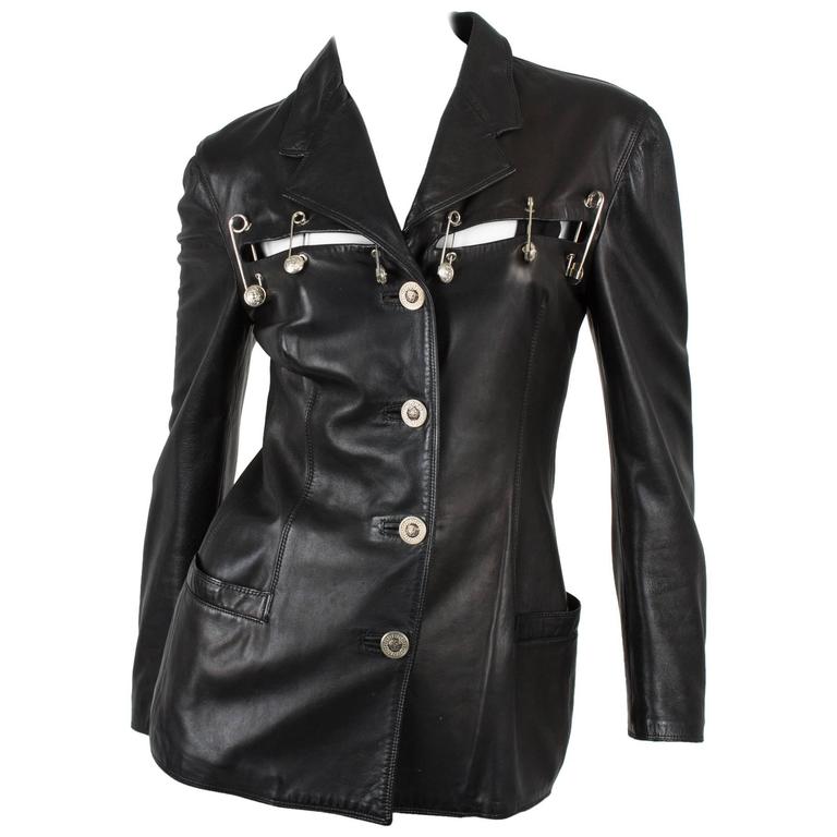 Gianni Versace 1994 Jacket Safety Pins Black Leather For Sale At 