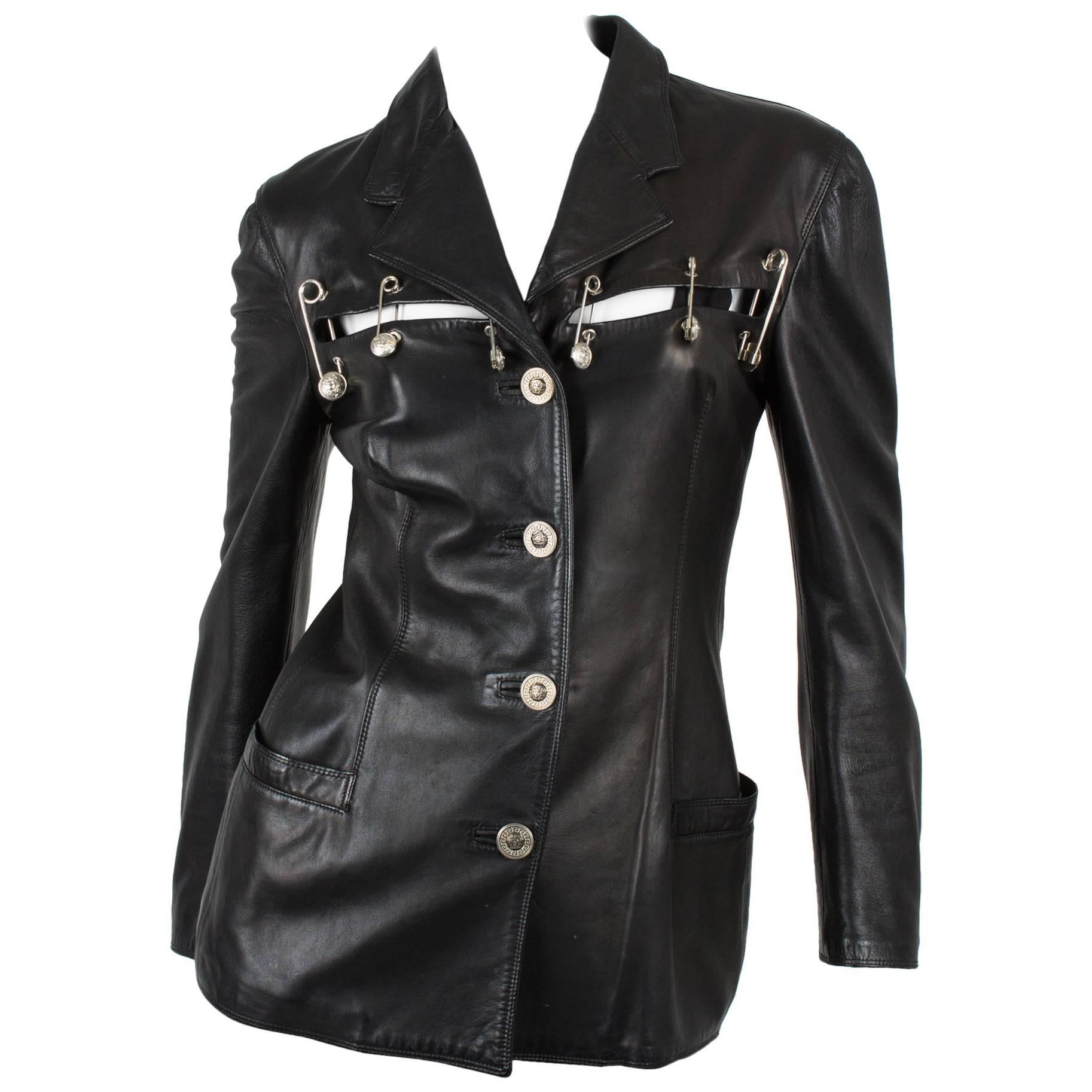 GIANNI VERSACE 1994 Jacket Safety Pins - black leather For Sale