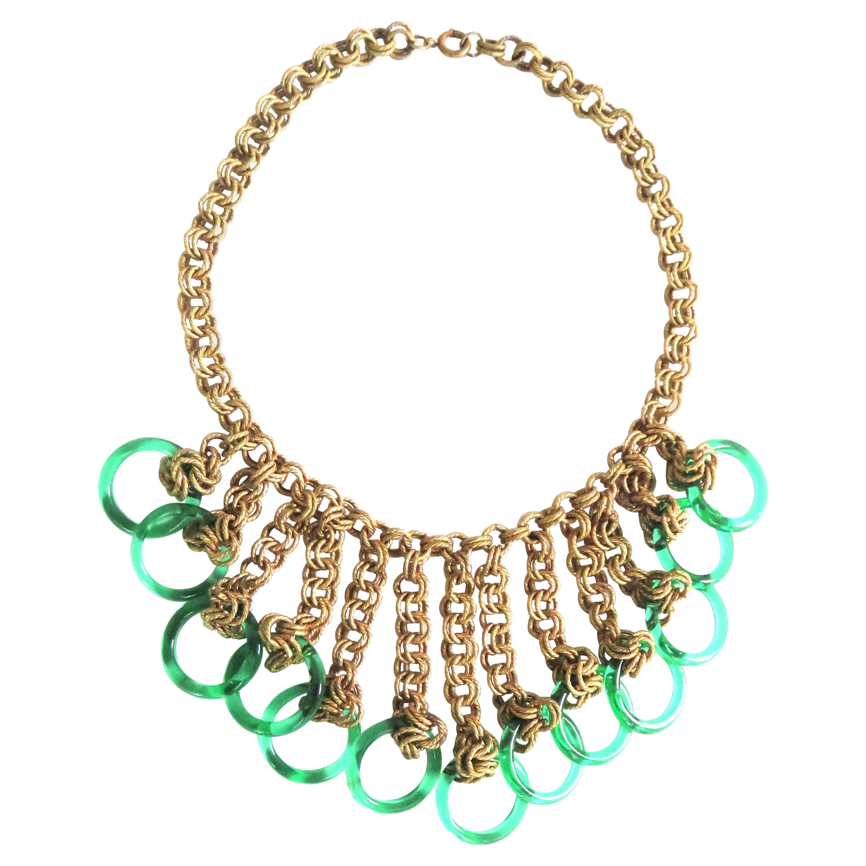 Chain Bib 1940s Necklace with Green Glass Circles For Sale