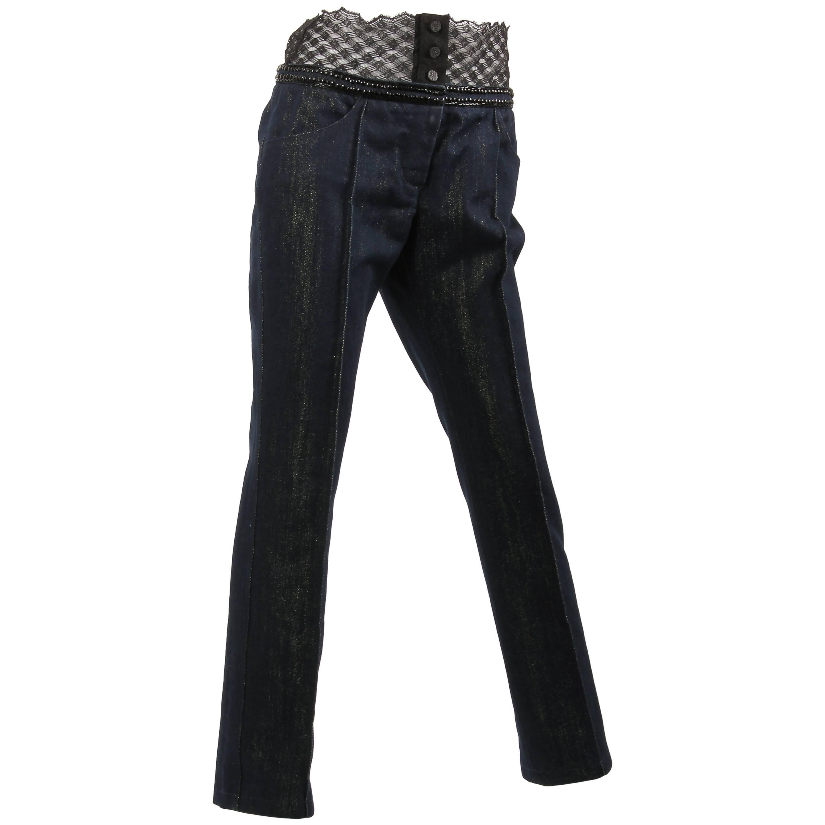 Chanel Jeans Denim Pants - blue/gold & black lace For Sale