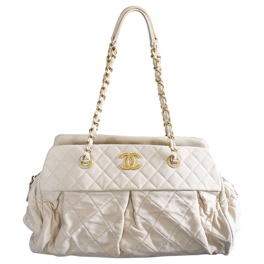 Chanel Soft Lambskin Beige Shoulder Bag Tote with Pleats No. 15 in Box For Sale