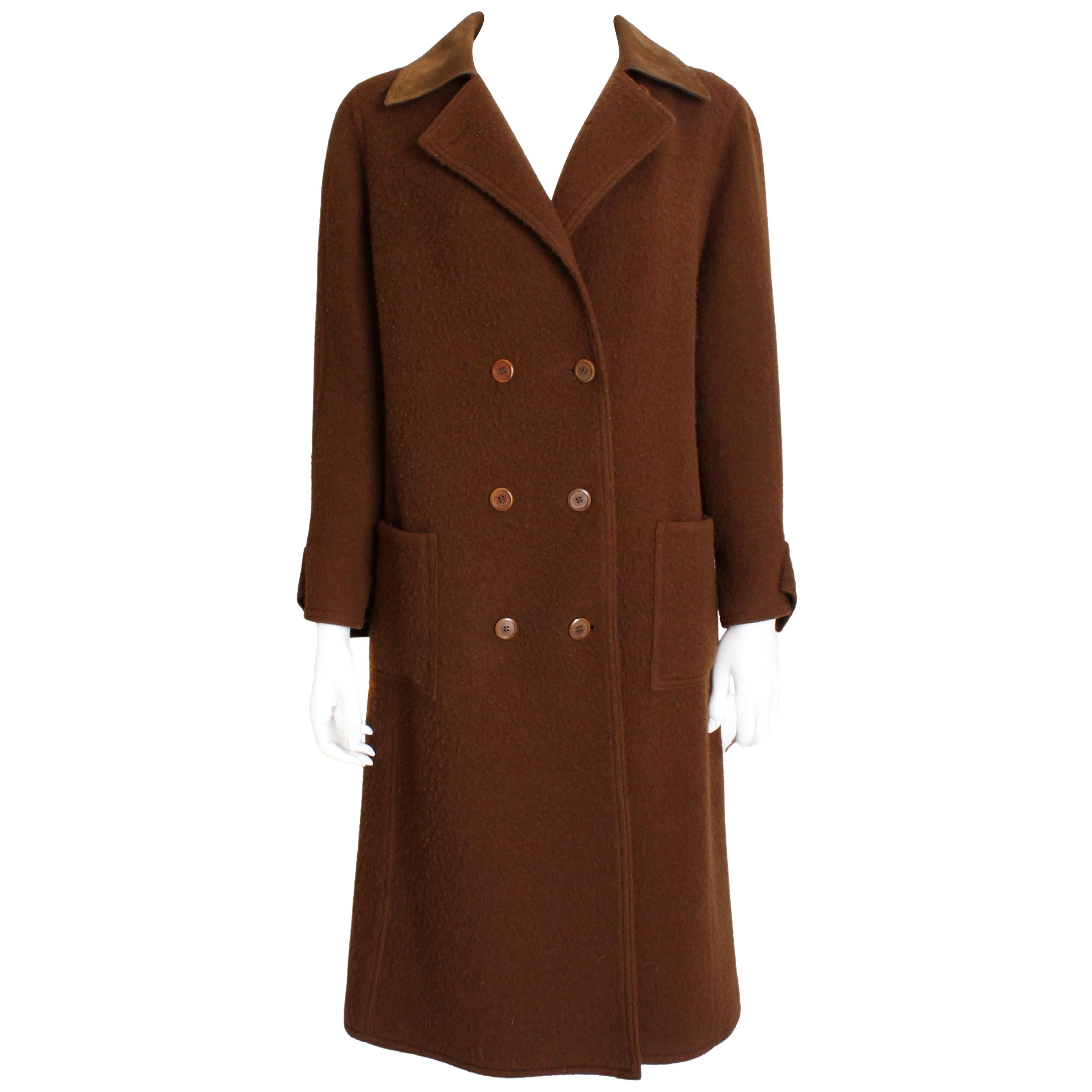 Hermes Brown Double Breasted Suede Leather Trim Trench Style Wool Coat, 1970s For Sale
