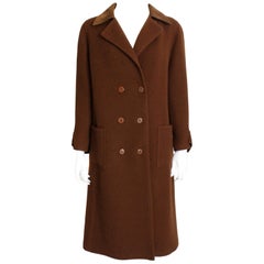 Hermes Brown Double Breasted Suede Leather Trim Trench Style Wool Coat, 1970s
