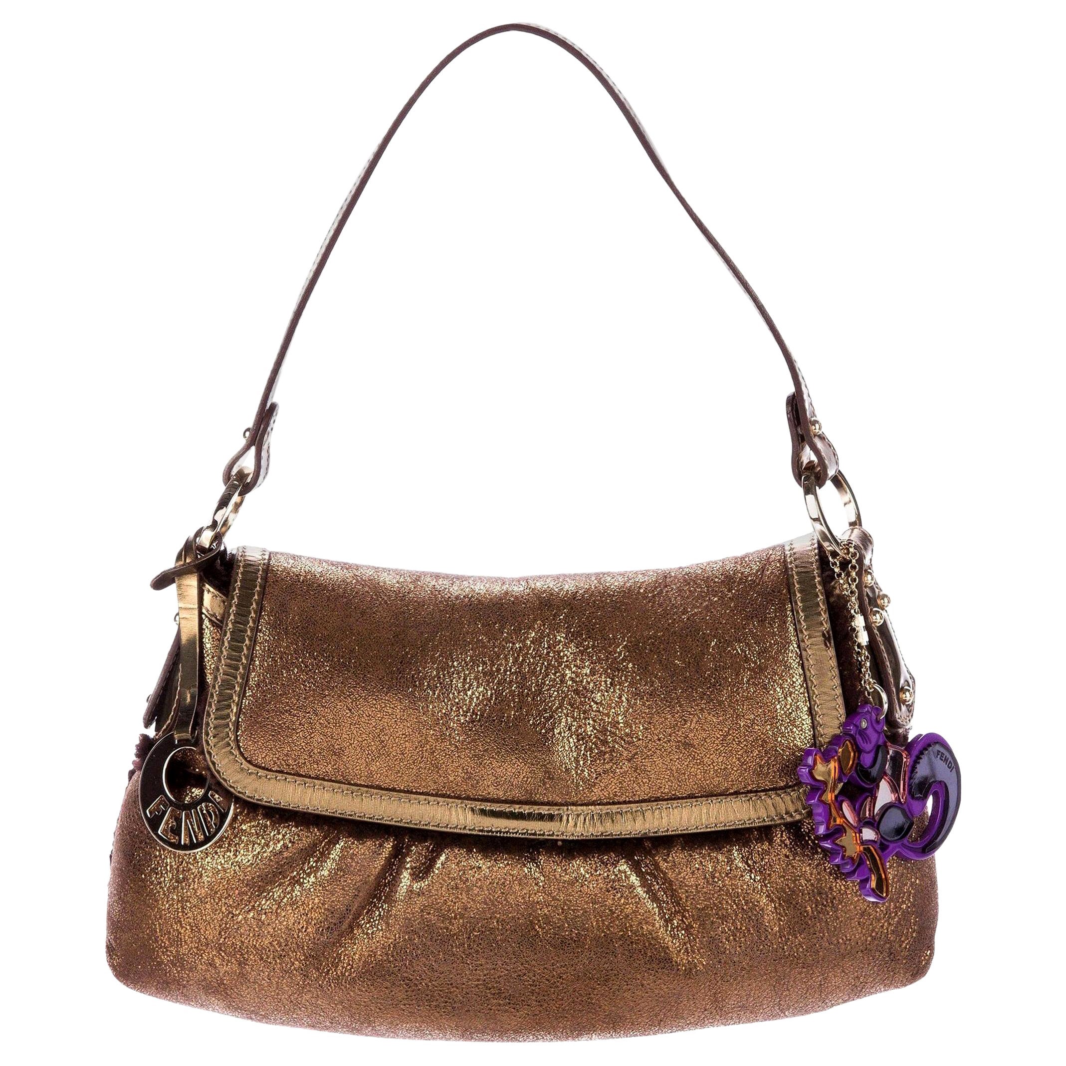 New Fendi Bronze Metallic Foil Chef Baguette Bag Fully Lined in Shearling