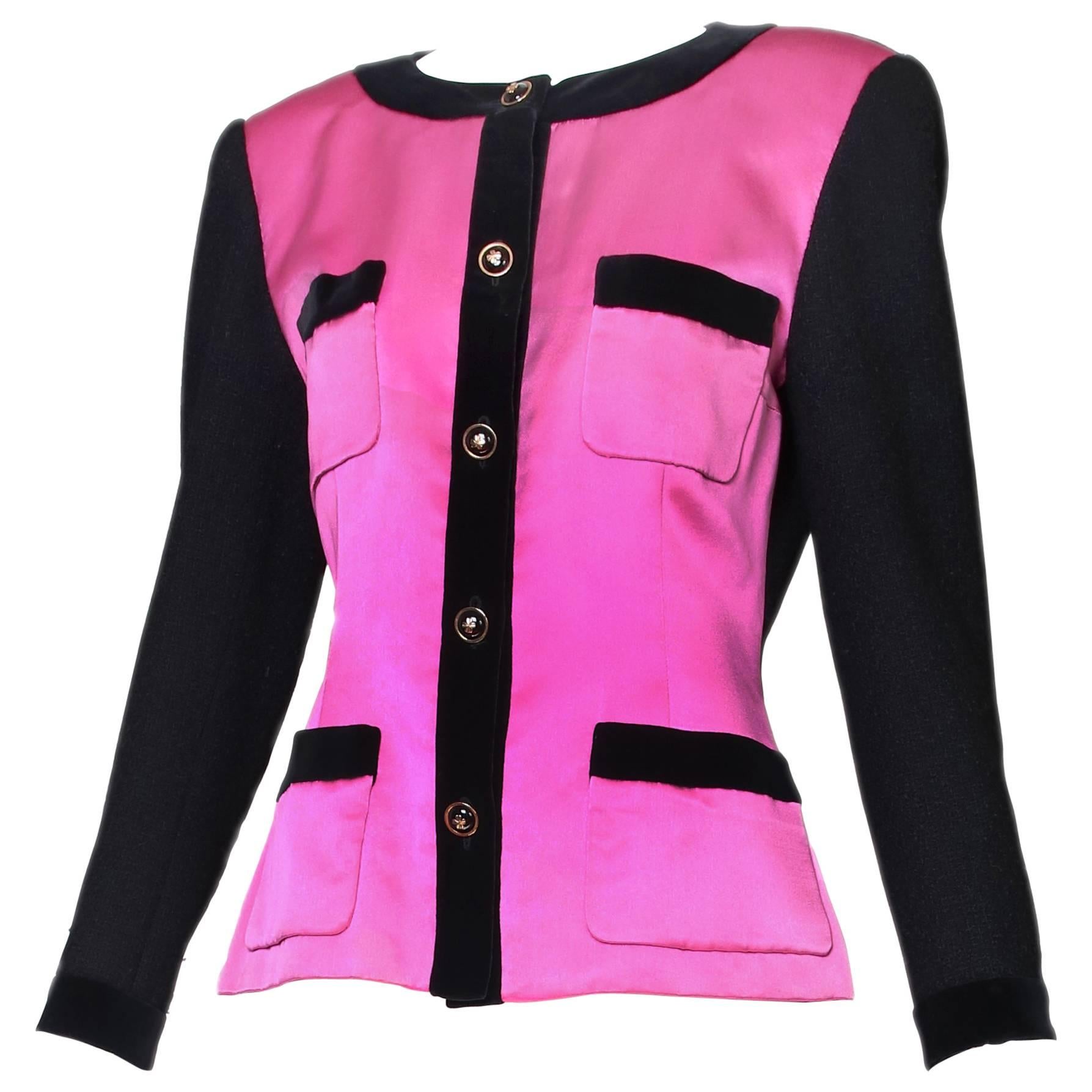 Chanel Pink Satin & Black Boucle Jacket w/Velvet Trim & Four-leaf Clover Buttons