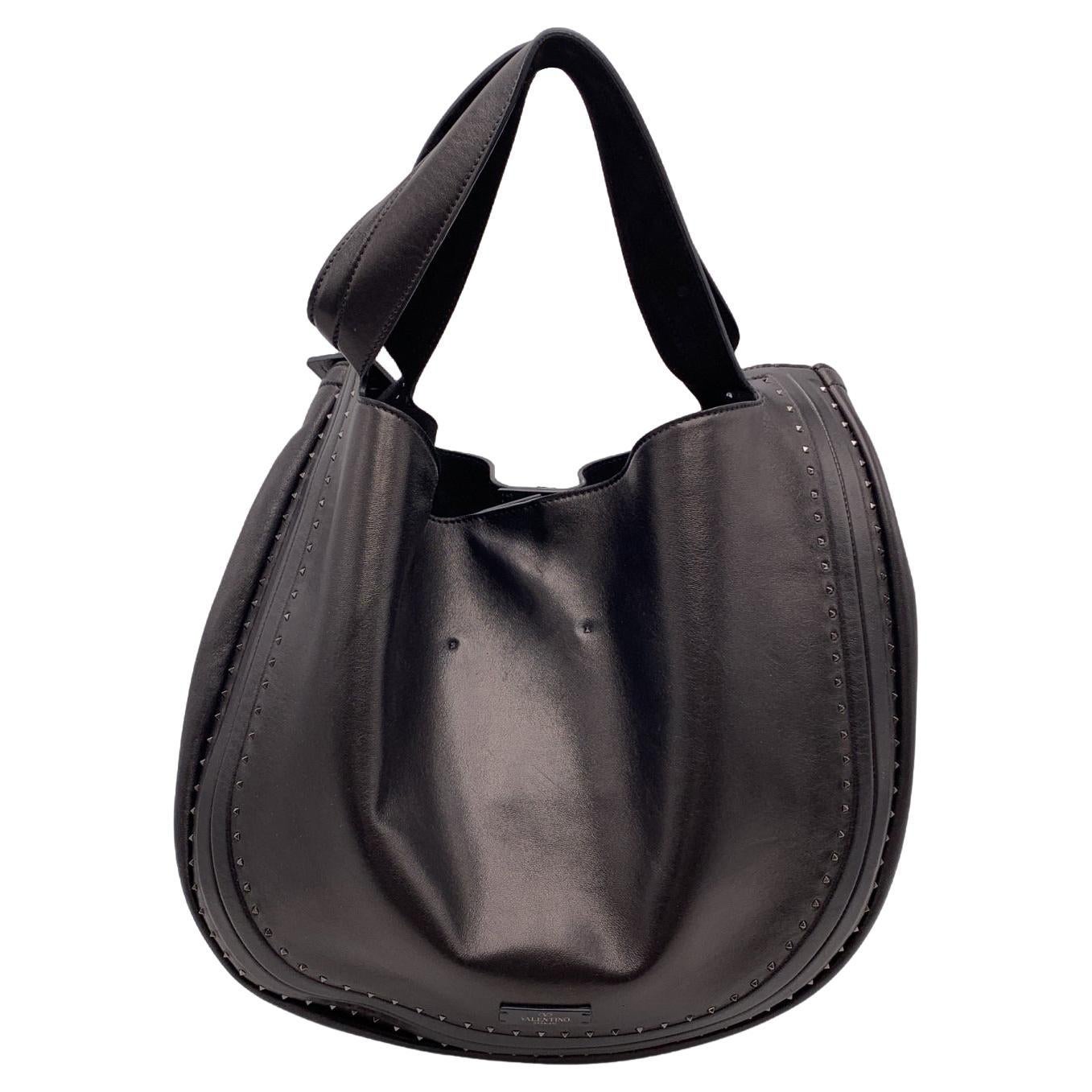 Valentino Garavani Black Leather Studded Slouchy Style Tote Bag