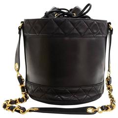 Vintage Chanel Black Lambskin Leather Shoulder Bucket Bag